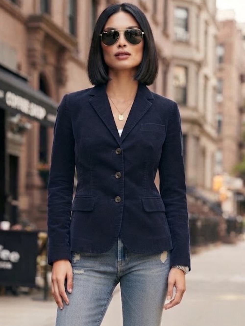 Vintage J. Crew Navy Blue Cotton Blazer Houndstooth Collar